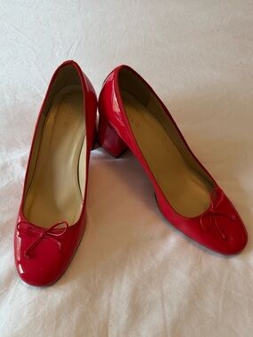 J. Crew Red Patent Leather Bow Block Heel Pumps
